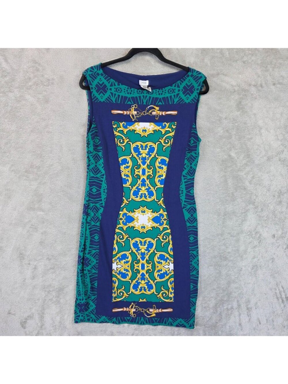 Cache Dress Womens L Blue Baroque Geometric Sleeveless Bodycon Knee Length